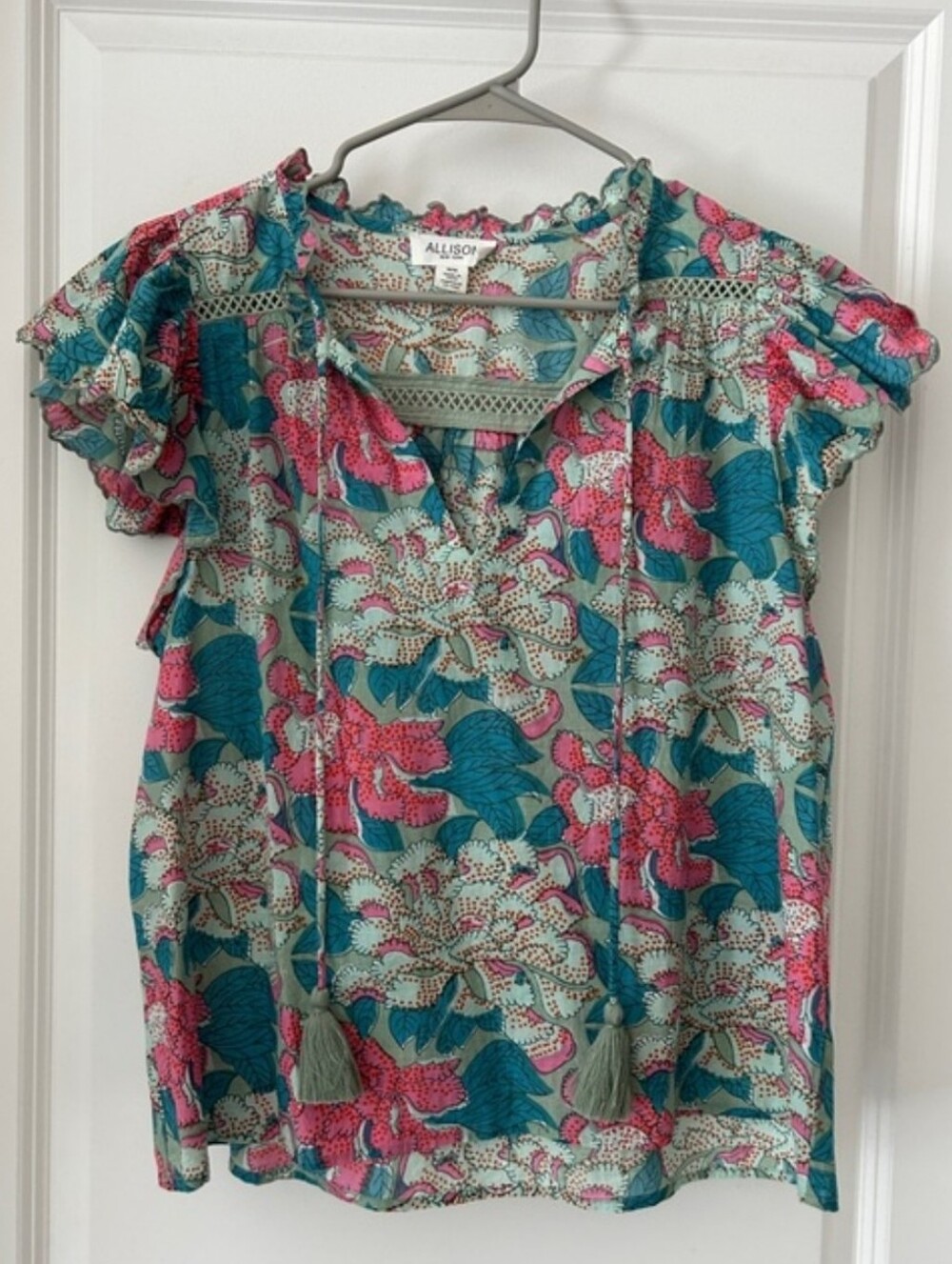 Allison New York Teal & Pink Floral Tassel Tie-Neck Blouse Sz M MSRP $175